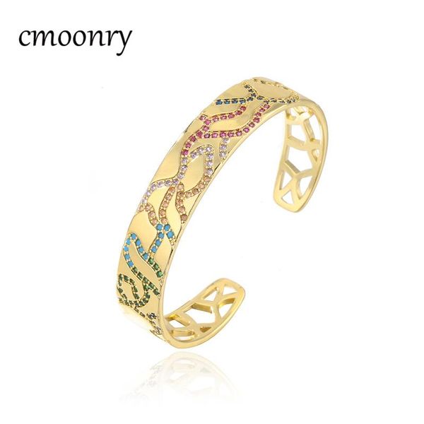 

bangle cmoonry 2021 fashion colourful cubic zirconia geometric pettern bangles for women gold color open femme bijoux gift, Black
