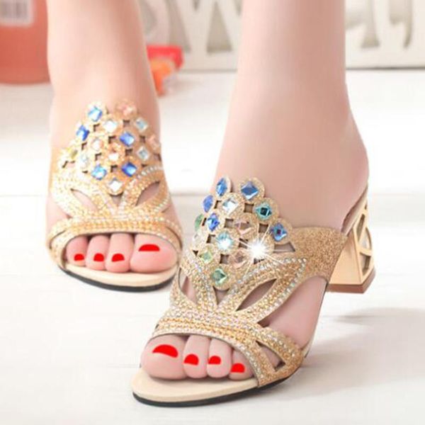 

women's casual sandals summer fashion rhinestone fish mouth hollow out women slippers high heels zy241, Black