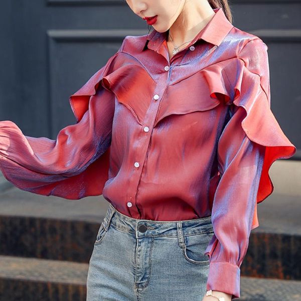 

women's retro metallic discolor ruffles collar single-breasted long sleeved blouses gradient color shirts &, White