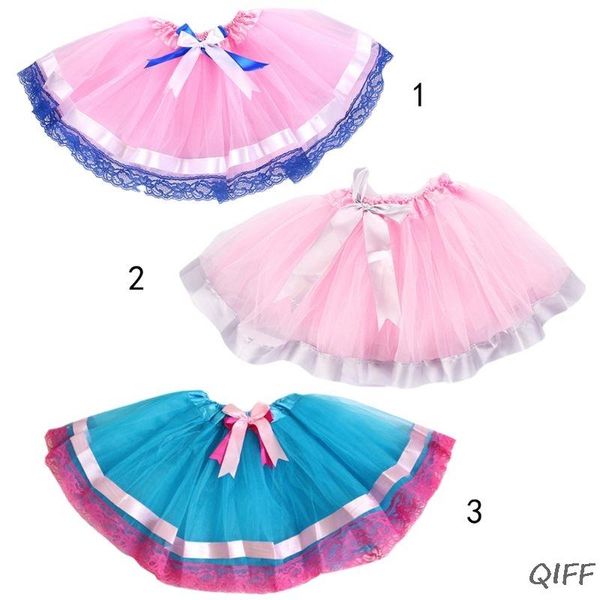 

skirts kid girls ballet dance mini tutu skirt double layer satin bowknot floral lace trim tulle candy colored pettiskirt 3 colors, Blue