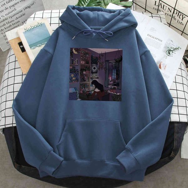 

cartoon printed men's sweatshirt, soft and loose eclipse printed sweater, harajuku, 2021, Black