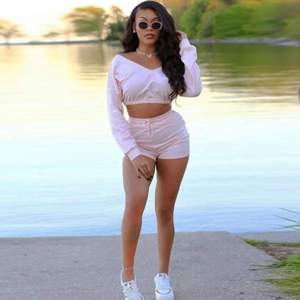 

women's tracksuits activewear bandage two piece short biker loungewearsets sport suit deep v neck full sleeve crop and workout, Gray