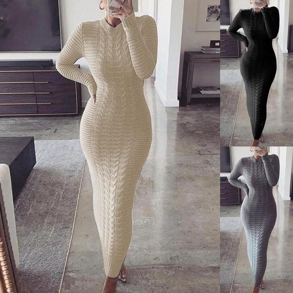 

women autumn winter long sleeve twisted knitted bodycon warm maxi sweater dress casual dresses, Black;gray