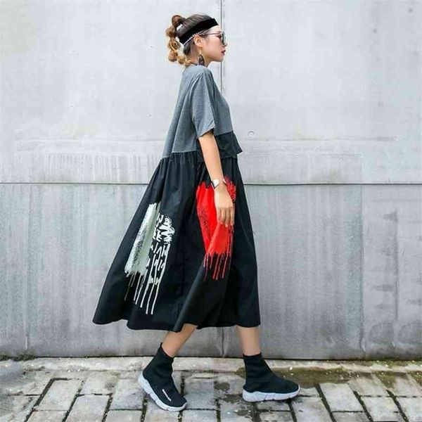 

xitao plus size fashion new high waist elegant 2021 summer pullover patchwork hit color goddess fan casual dress gcc3514, Black;gray