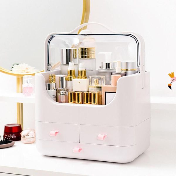 

multi-functional large capacity hand-held cosmetic storage box deskorganizer dust-proof makeup case with 3 drawers boxes & bins