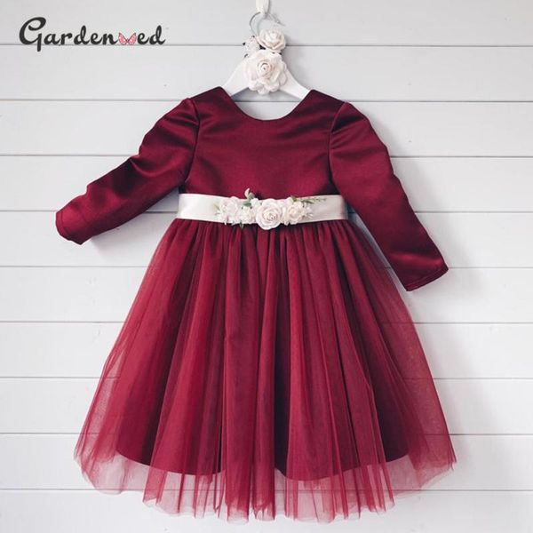 

girl's dresses simple flower girl burgundy princess dress tulle kids communion long sleeve birthday party, Red;yellow