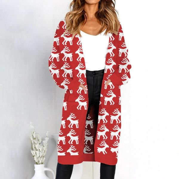 

women's sweaters christmas tree snowman printed long cardigan sweater women autumn knitwear harajuku winter warm deer outwear pockets, White;black