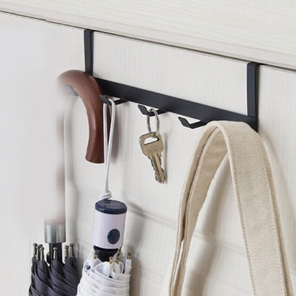 

over the door hook iron storage organizer rack with 5 hooks for clothes coat hat belt towels (black) & rails