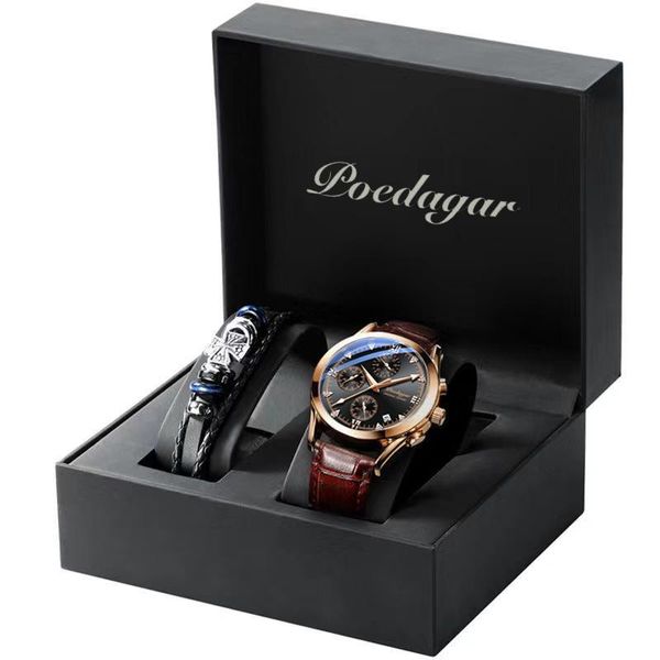 

wristwatches poedagar brand 2021 fashion sport chronograph mens watches waterproof luminous gift luxury leather casual quartz wrist watch, Slivery;brown