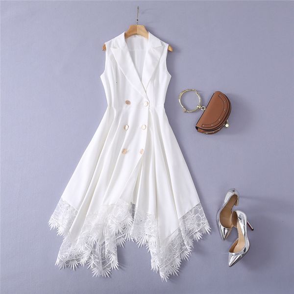 

spring summer fashion women's runway robe sleeveless designers carved lace white dress, Black;gray