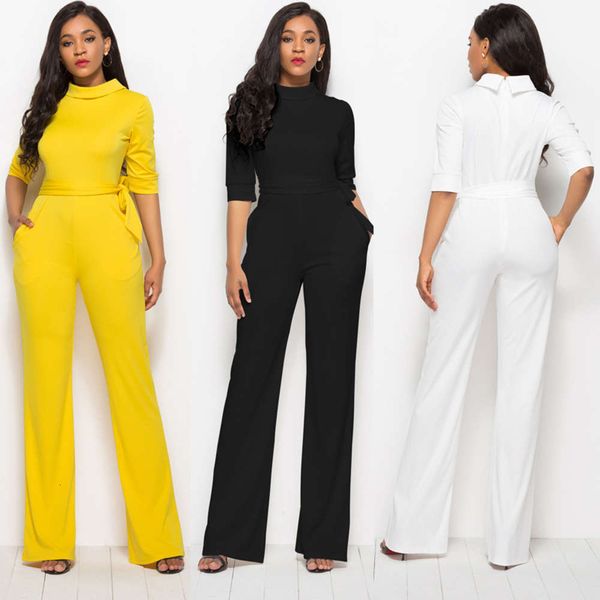 

autumn solid half sleeve jumpsuit 5089, Black;white
