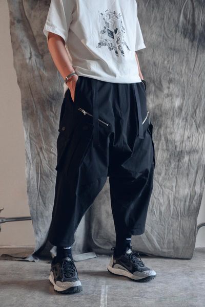 

men's pants qiudyu 21ss drop crotch multiple pockets waist adjustment ankle length techwear ninjawear japanese streetwear, Black