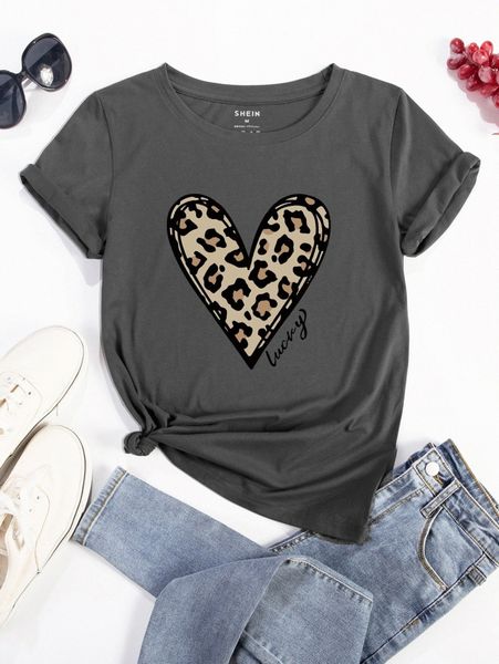

leopard and heart print crew neck tee q3ze#, White