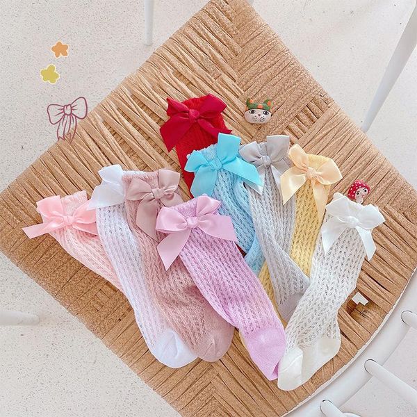 

summer girls socks solid korean big bow mesh, Pink;yellow