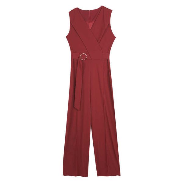 Talvez U Mulheres Preto Laranja Vinho Sem Mangas Tanque V-Pescoço Jumpsui Bolso Sólido Sash Casual Calças Ankle-Comprimento Jumpsuit J0121 210529