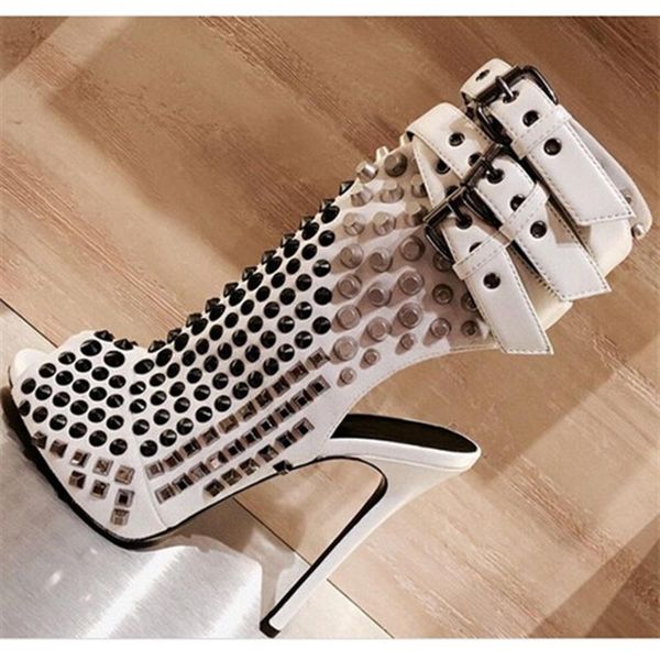 

boots studded peep toe ankle strap buckle black white rivets gladiator sandals cut-out stiletto heels dress shoes