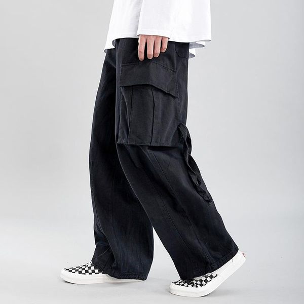 

men's pants male japan streetwear hip hop oversize men elastic waist vintage fashion casual loose straight cargo long trousers, Black
