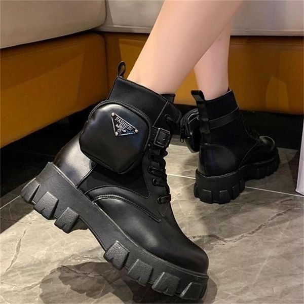 

boots women shoes brand pockets ankle platform female height increasing punk ladies girls botas de mujer sapatos, Black