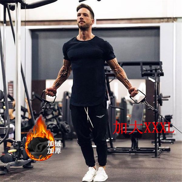 

pants trousers spring and winter plush thickened sports pure cotton slim casual outdoor running fitness men's, Black