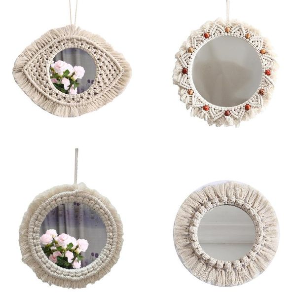 

macrame hanging wall mirror with boho fringe round decorative for apartment home bedroom living room decor 18.5 x 18.5'' frames