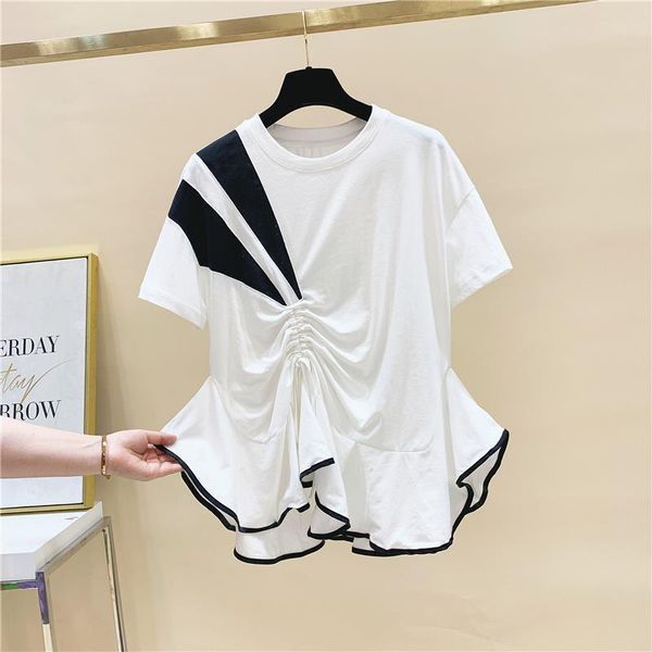 

pleated ruffled hem color matching loose o neck short-sleeved t-shirt women's jacket summer new design 210421, White