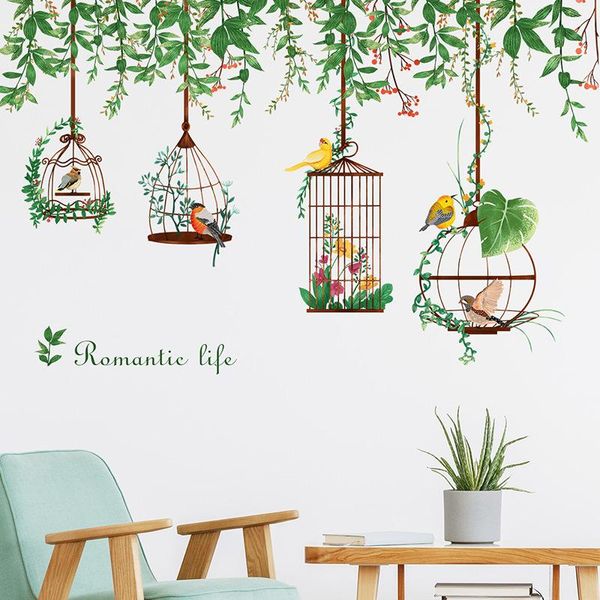 Wandaufkleber Schöne grüne Blätter Niederlassungen Birdcage Sommer Wohnzimmer Aufkleber Dekorative Pflanzen Home Decoration