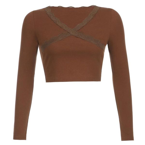

bras sets brown women long sleeve t-shirt clubwear fashion v neck lace trim solid color hollow out lace-up exotic crop top, Red;black