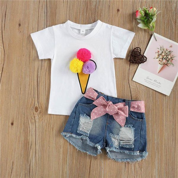 

menoea 1-6y summer toddler kids girls clothes sets children ice cream print sleeve t-shirts denim shorts 2 pcs suits clothing, White