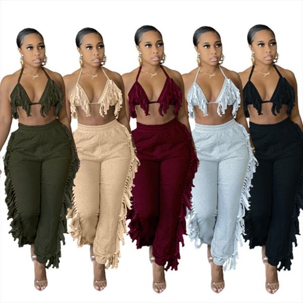 

clothing set tassel womenpant two pieces party bandage halter crop backless high waist pants sets, White