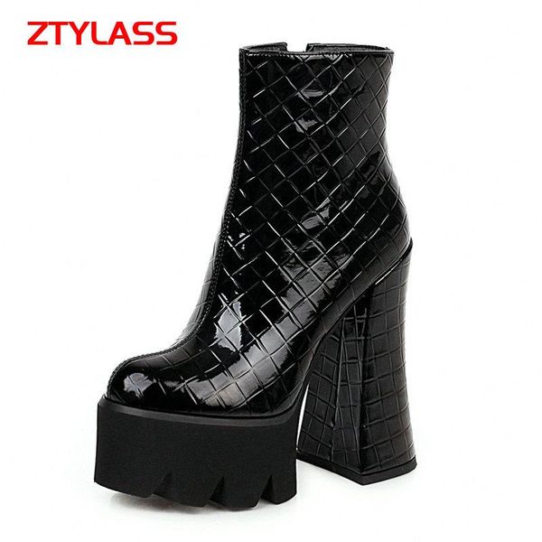 

boots platform women 15cm super high heel faux leather ankle autumn winter zipper shoes big size 41 42 43, Black