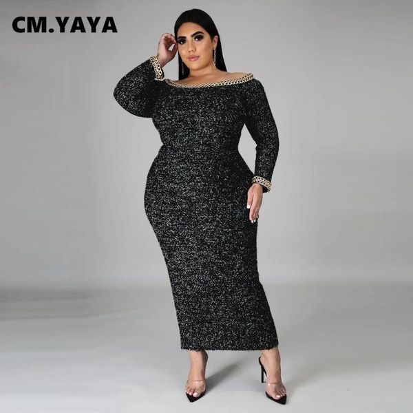 

cm.yaya plus size xl-5xl party club maxi vestidos women long dress off shoulder chain patchwork bodyocn midi dresses casual, Black;gray