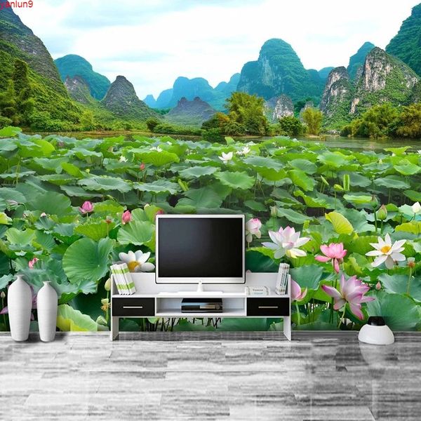 Carta da parati fotografica 3D personalizzata Fiore foglia di loto Paesaggio di montagna verde Murale Sala da pranzo Soggiorno Divano TV Sfondo Decorazione della parete Buona qualità