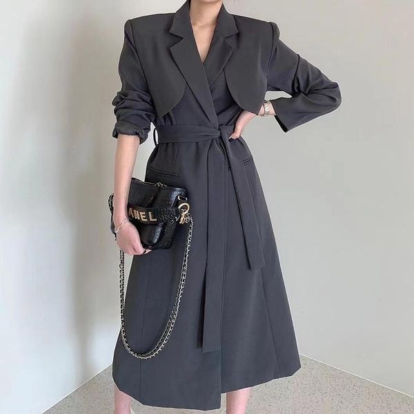 

women's suits & blazers [ewq] korea chic temperament gray blazer women autumn 2021 notched lace up waist split long sleeve suit jacket, White;black