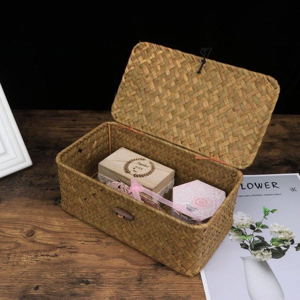 

storage baskets handmade straw basket with lid rattan woven deskclothes sundries box for bedroom home organization