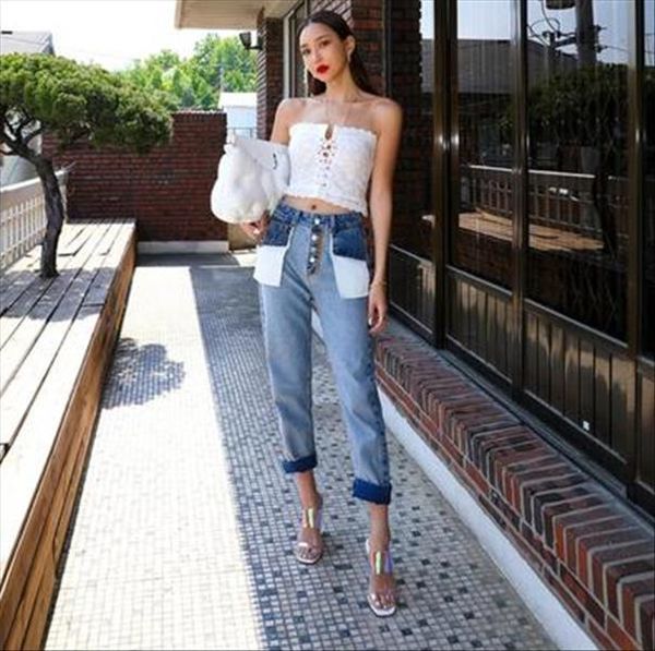 

spring fashion high waist patchwork womens jean hit color blue enzyme wash straight denim pants