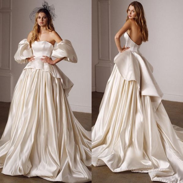 Marfim vestidos de casamento sem alças pescoço peplum vestidos de noiva com mangas destacáveis plus size uma linha trem de varredura cetim vestido de novia 326 326