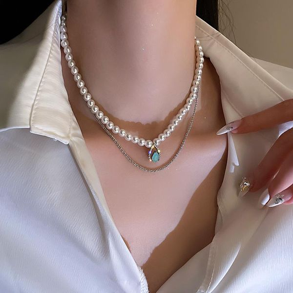 

pendant necklaces arrive korean elegant pearl choker necklace for women ladies fashion green waterdrop zircon collares jewelry gifts, Silver
