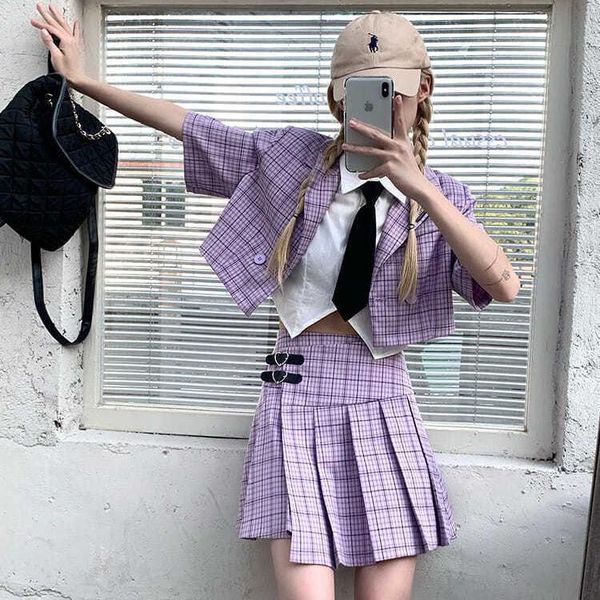 

women's tracksuits plaid 2 piece sets 2021 summer fashion purple streetwear short sleeve suit + irregular pleated mini skirt female, Gray