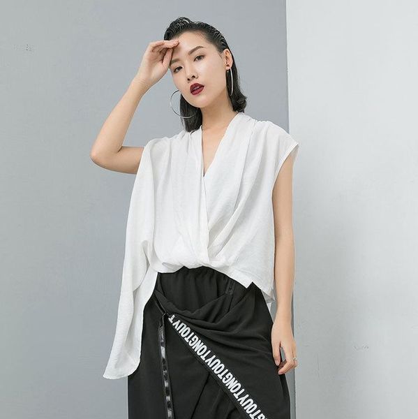 

women's blouses & shirts lanmrem in stock women white irregular split big size blouse v-collar sleeveless loose shirt fashion tide summ