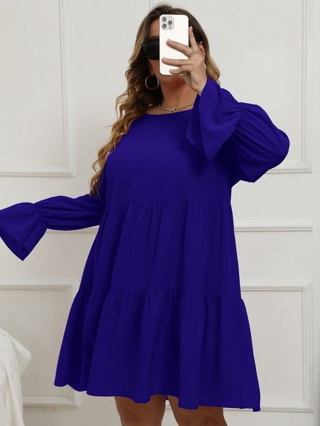 

plus flounce sleeve ruffle hem smock dress d156#, Black