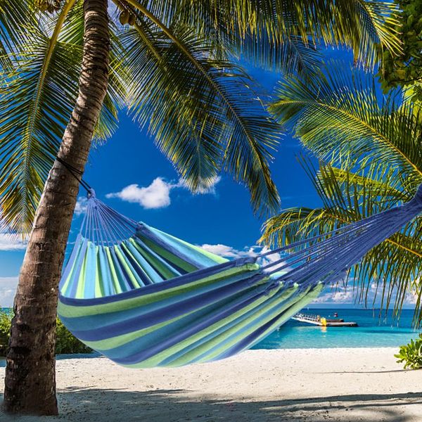 

camp furniture outdoor canvas hammock blue stripes summer sports travel swing double single hang bed garden with backpack