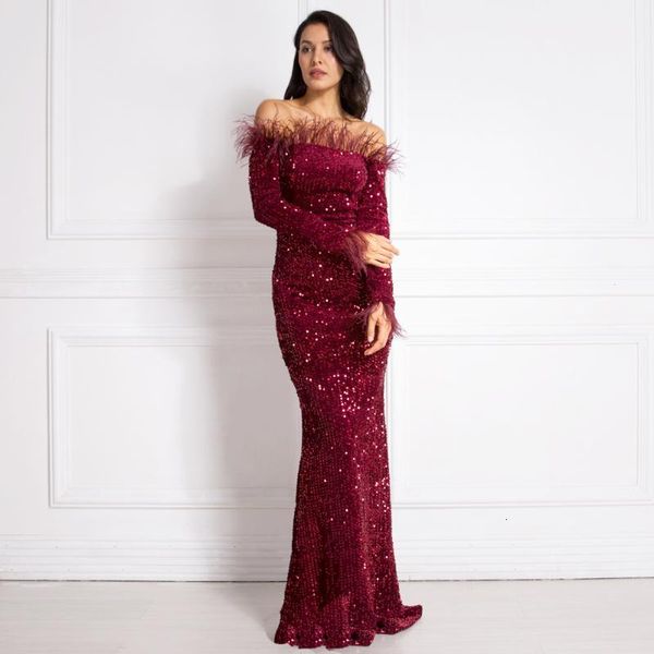 

casual dresses women formal long shiny sequin feather veet party long sleeve bodycon stretchy slash neck floor length mermaid blac, Black;gray