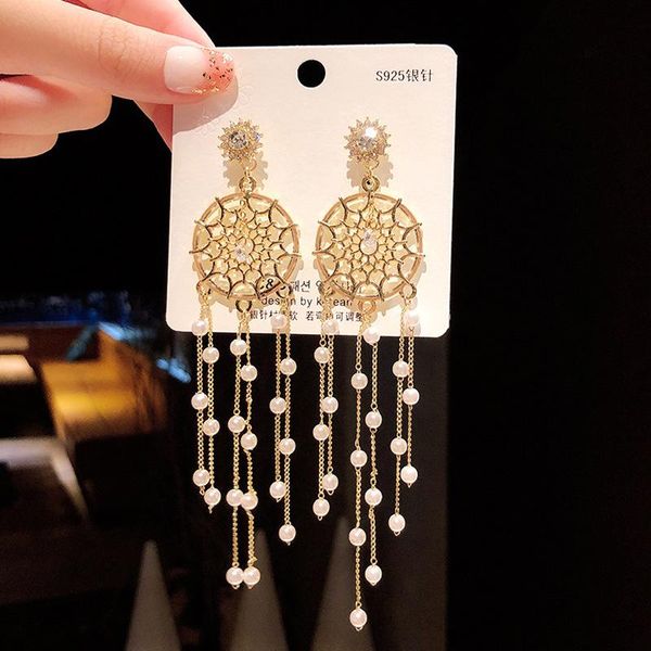 

stud 2021 fashion brinco oorbellen earrings s925 long tassel pearl super immortal quality net all kinds of wholesale, Golden;silver