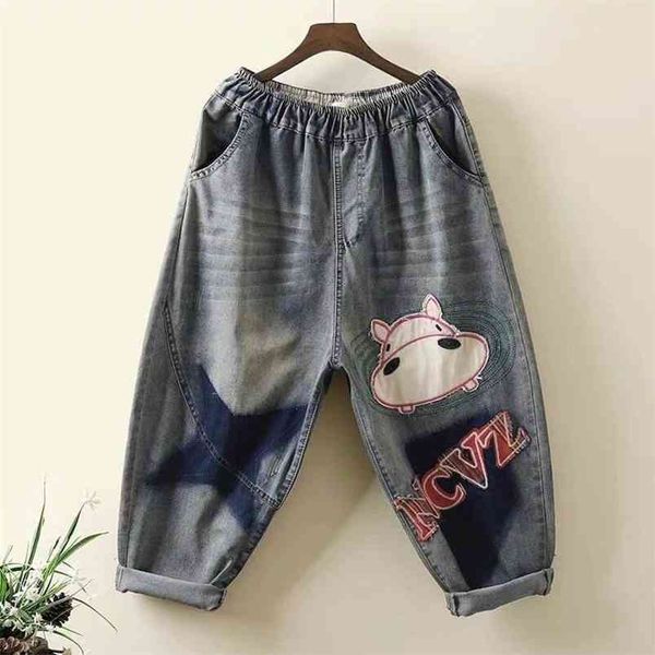 

spring summer arts style women elastic waist patchwork embroidery vintage jeans loose casual cotton denim harem pants m225 210512, Blue