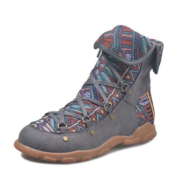 

boots vintage national style color matching plus velvet casual leather comfortable lace up shoe women size 43, Black