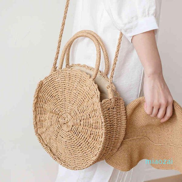

casual round rattan women handbags wicker woven shoulder crossbody bags handmade large totes summer beach straw bag big purses c0326