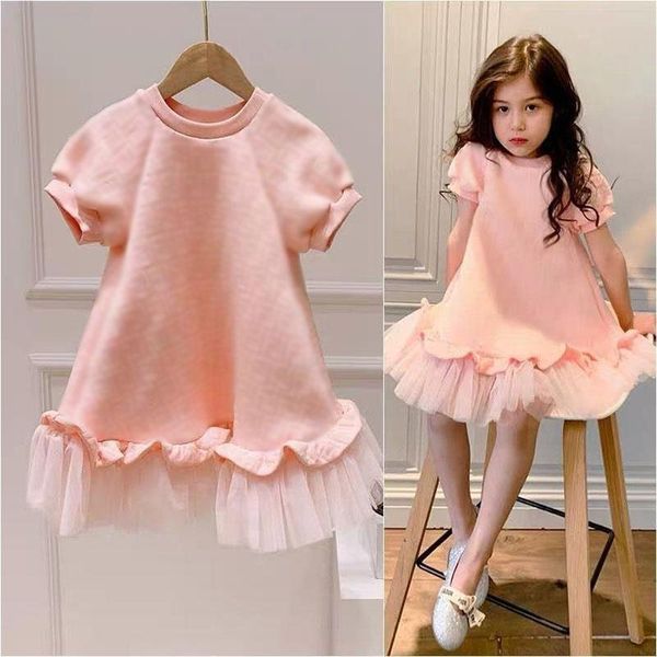 Девушка платья девушки розовые моды сетки сшивание с короткими рукавами платье с короткими рукавами для девочек одежда 2-летняя девочка девочка для