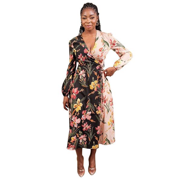 

womens floral dress casual patchwork graceful style dress with sashes spring autumn deep v neck dress, Black;gray