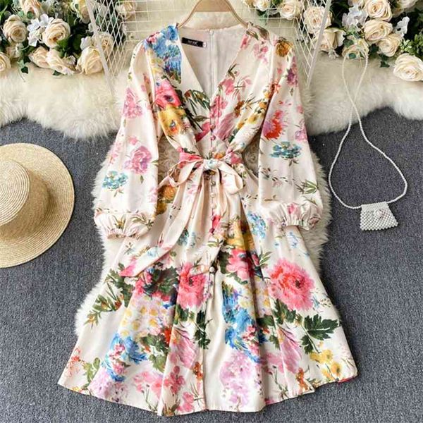 

spring autumn women v-neck floral print beach dress casual puff sleeve button sash tie up 210430, Black;gray