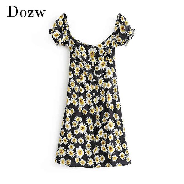 

summer floral print vintage mini dress women ruffle short sleeve casual beach dress a line bohemian sundress vestidos 210414, Black;gray